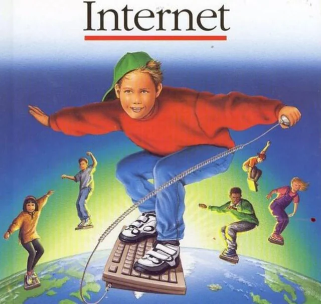 Retro 1990s illustration of a kid surfing the internet on a keyboard atop a globe